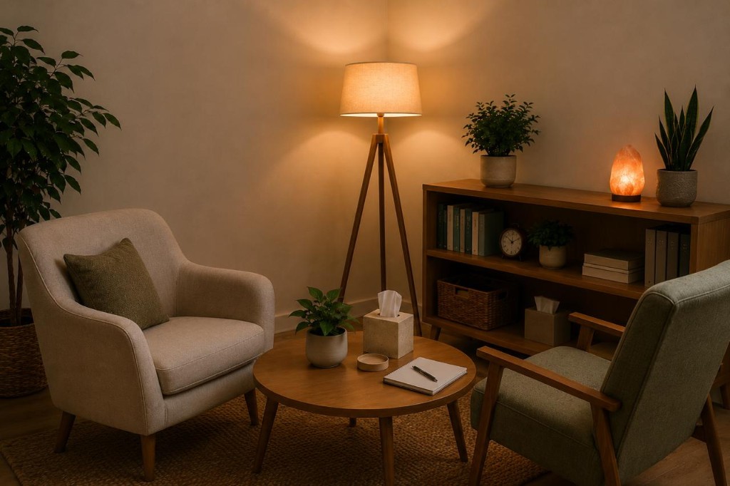 A calm, softly lit therapy room with a comfortable armchair, plants, and a notebook on a low table
